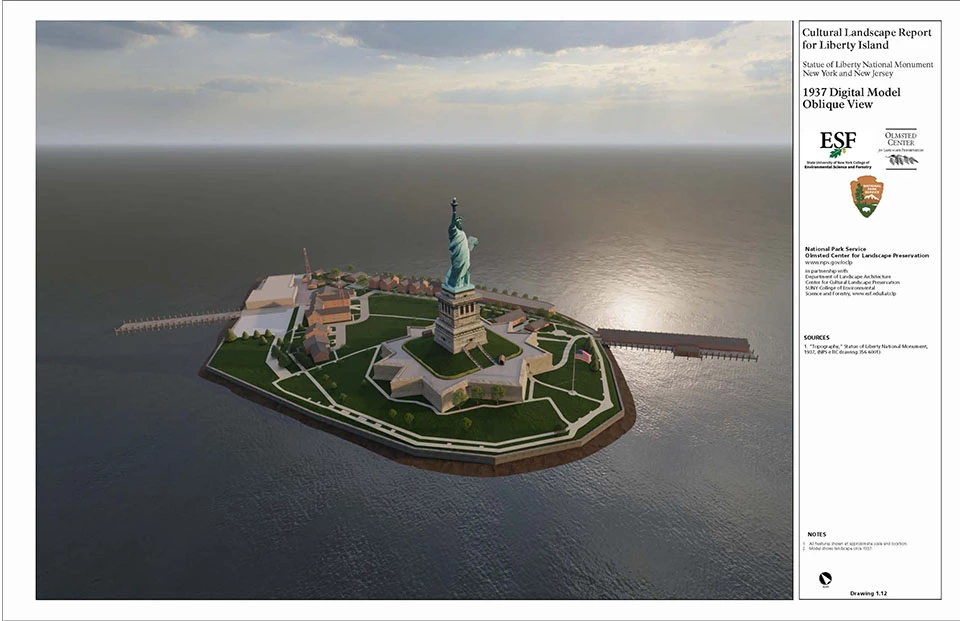 A digital model presents an angled, dimensional view of the Statue of Liberty and Liberty Island features with military buildings.