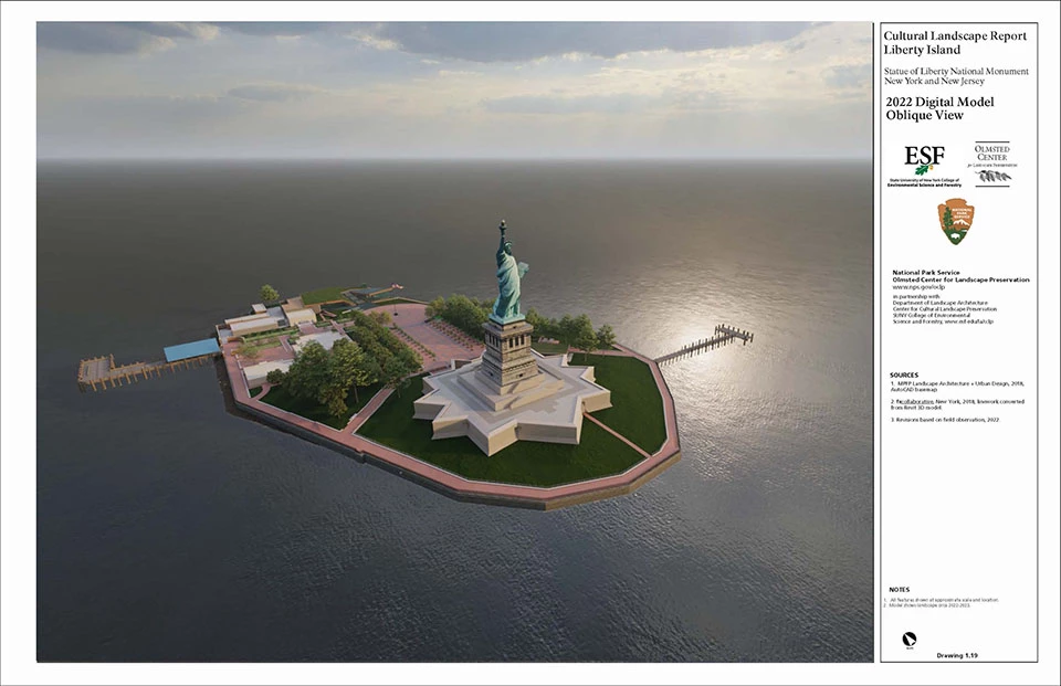 A digital model presents an angled, dimensional view of the Statue of Liberty and Liberty Island features with military buildings.