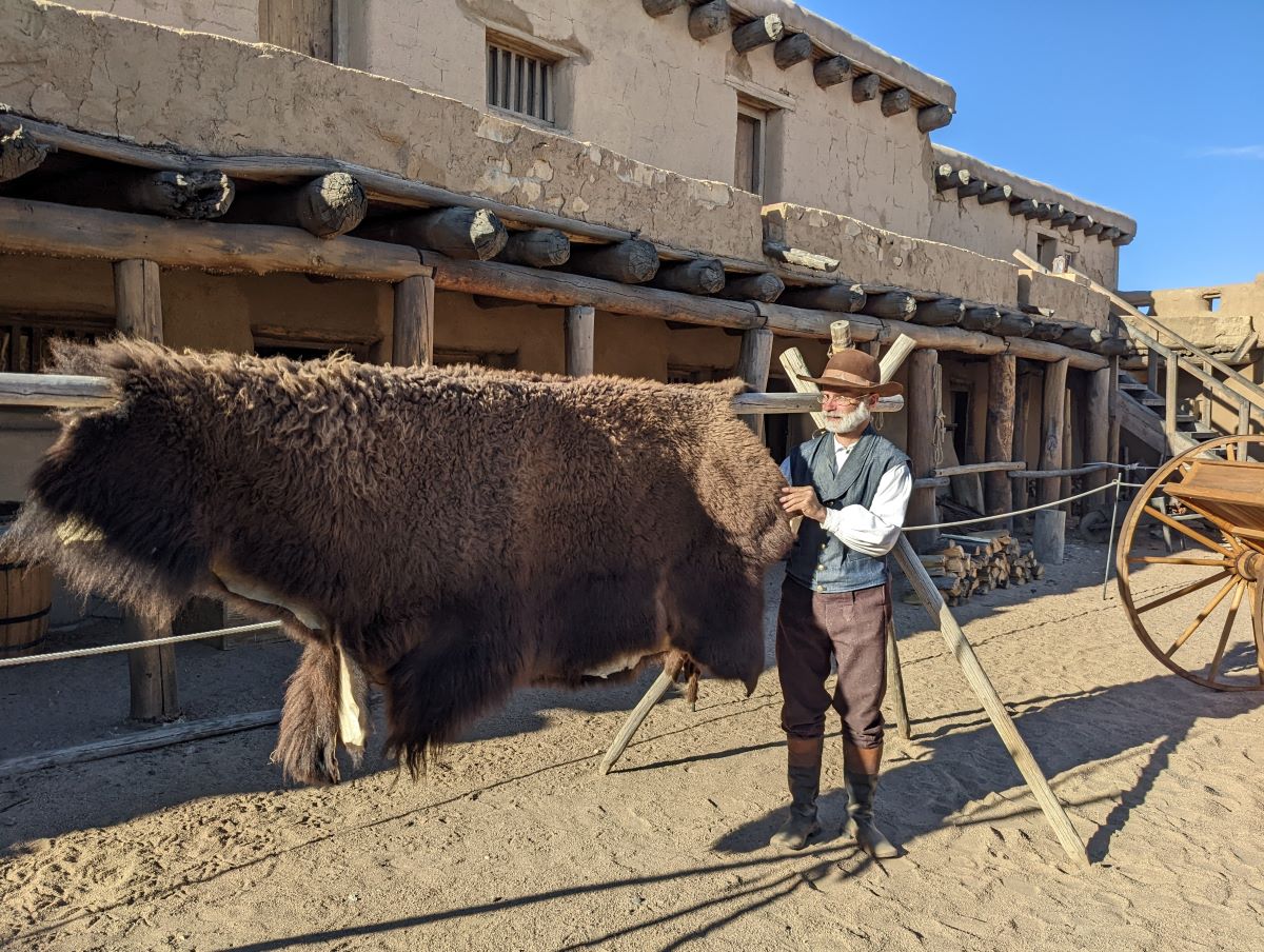 Man dressed as fur trader stands beside buffalo robe in fort plaza Man dressed as fur trader stands beside buffalo robe in fort plaza