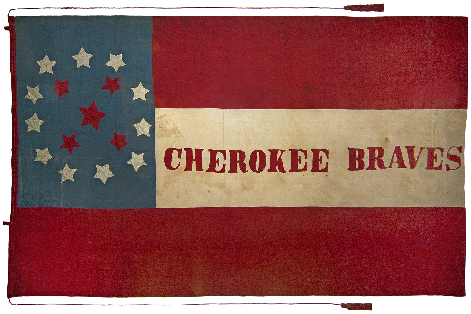 The Cherokee Braves flag has two red stripes, one white and a blue box in the corner. The Cherokee Braves flag has two red stripes, one white and a blue box in the corner.