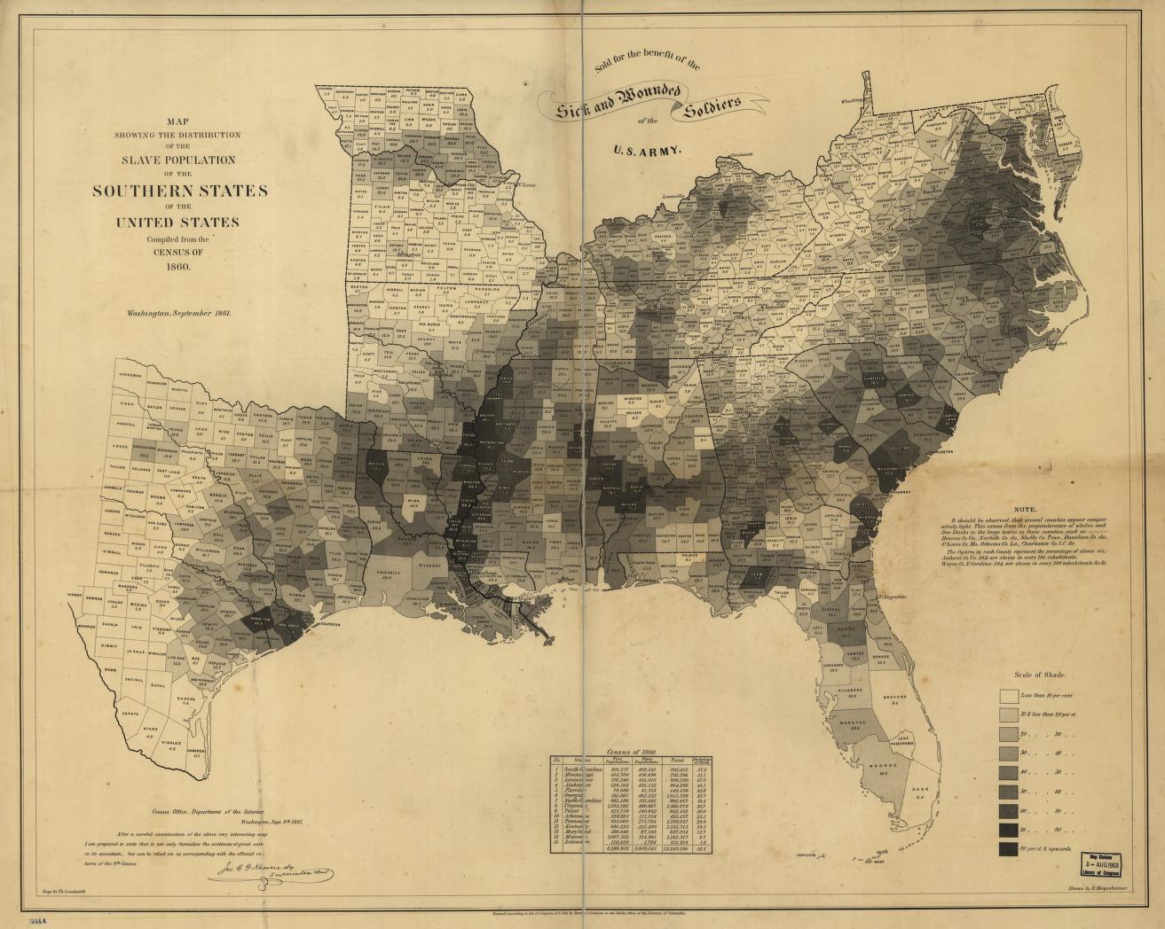 Map of  Missouri that shows a concentration of enslavement near St. Louis and Jefferson City. 