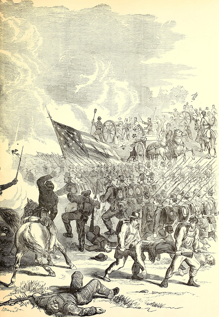illustration of a battle with men on horse back. Infantry march forward into smoke. 