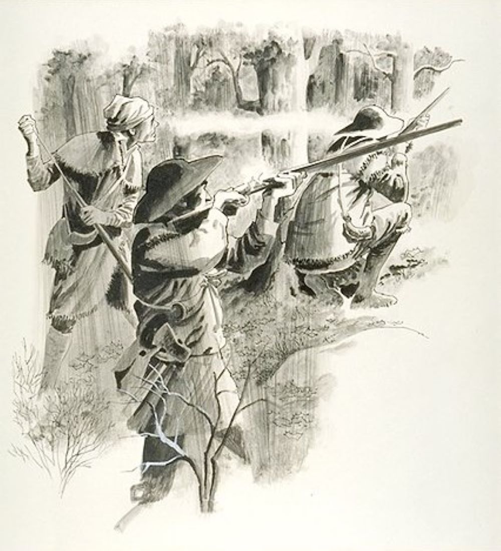 A drawing of three soliders with muskets looking for enemy amongst the trees. A drawing of three soliders with muskets looking for enemy amongst the trees.