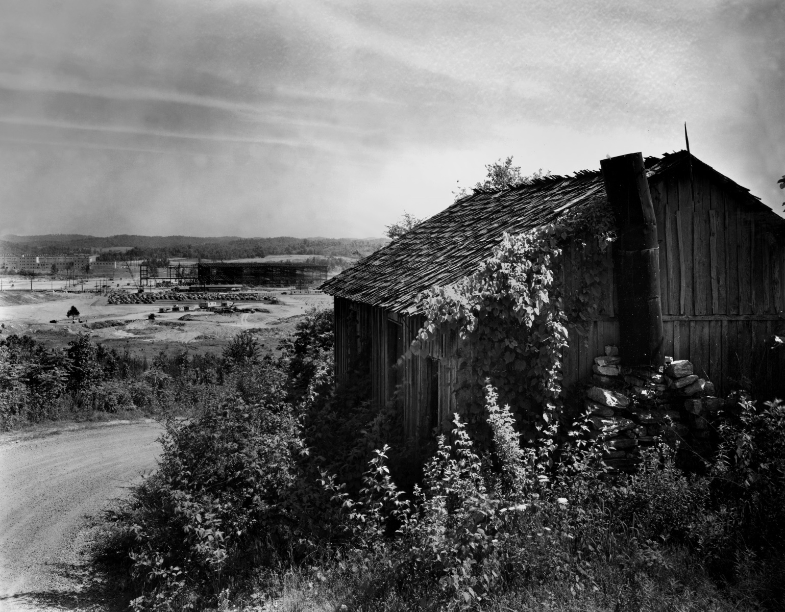 A cabin covered in vines above a construction site. 