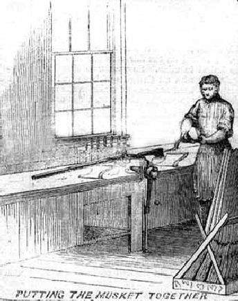 Drawing of man using hand drill on stock of musket.