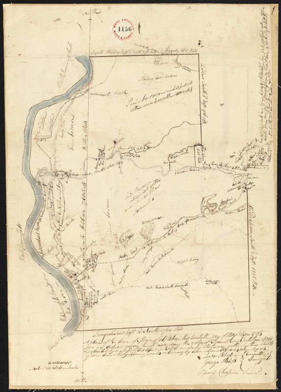 1795 map of Springfield, Massachusettsshowing roads, property boundaries, and rivers.
