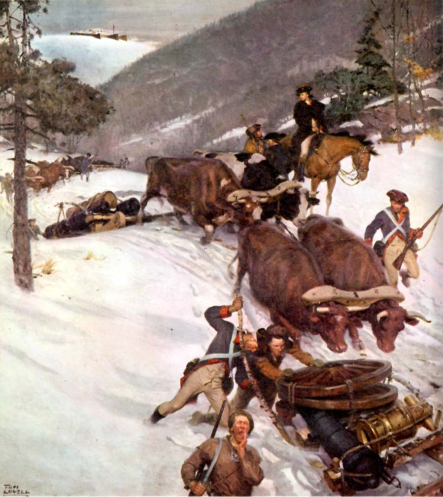 Painting showing Henry Knox’s men and oxen hauling a cannon through deep snow on a mountain pass.