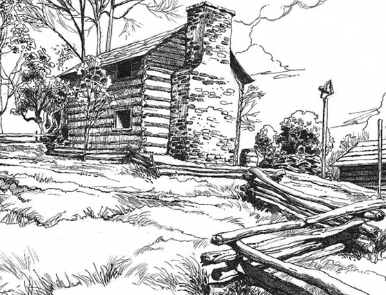 A rustic illustration of a cabin and a rustic fence.