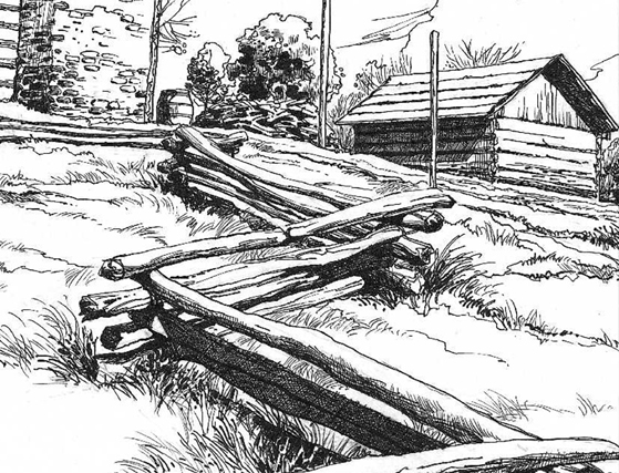 An illustration depicting rustic outbuildings and fences on the Burroughs plantation.