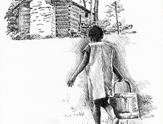 An illustration of a small child carrying a bucket of water up a hill toward a rustic cabin. 