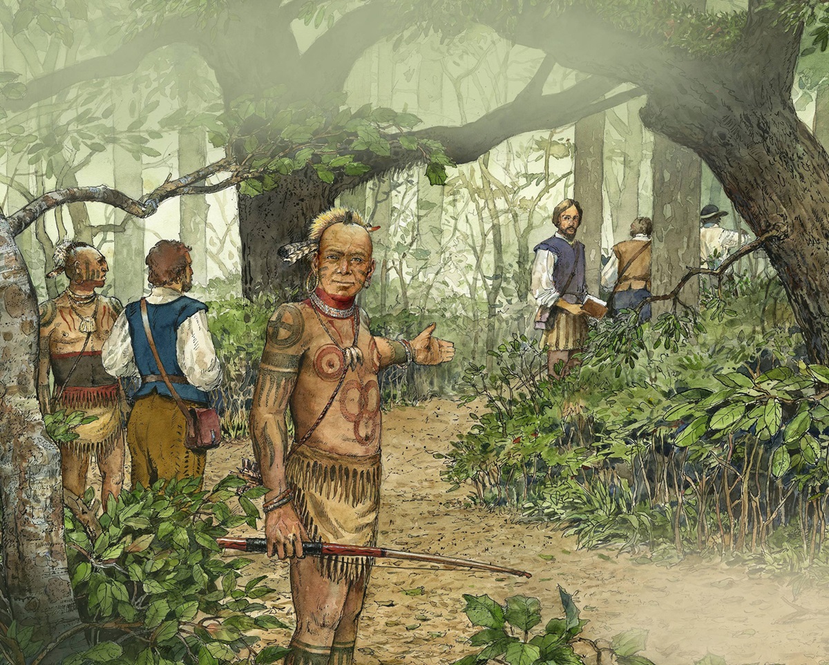 An artwork of an Algonquian man gesturing to join him in the woods with others