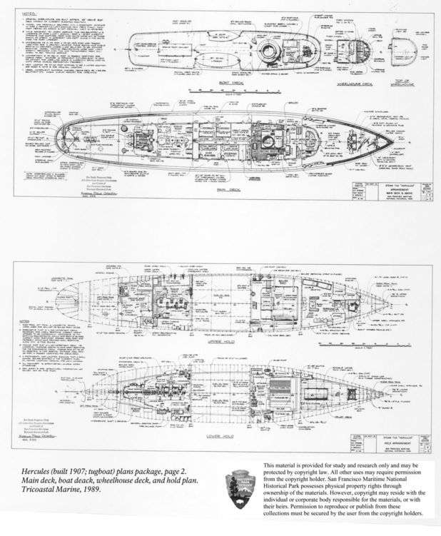Blueprints of multiple levels of the steamship Hercules