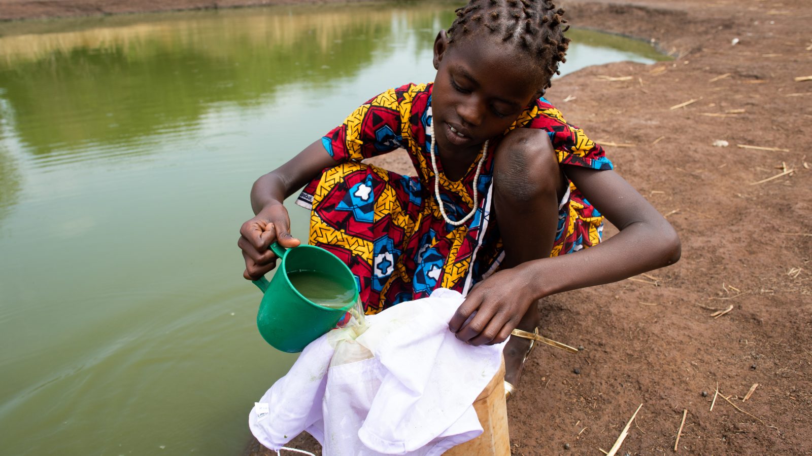 Young girl pours pond water through a household filter into a pail.