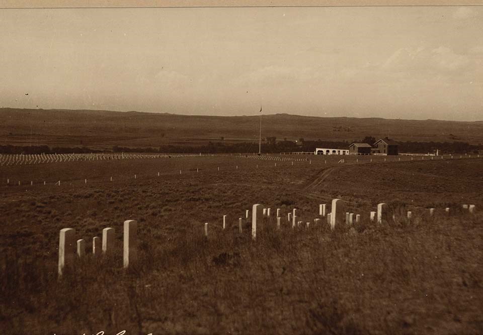 Image of grassy field with marble uniform military headstones dotting the foreground