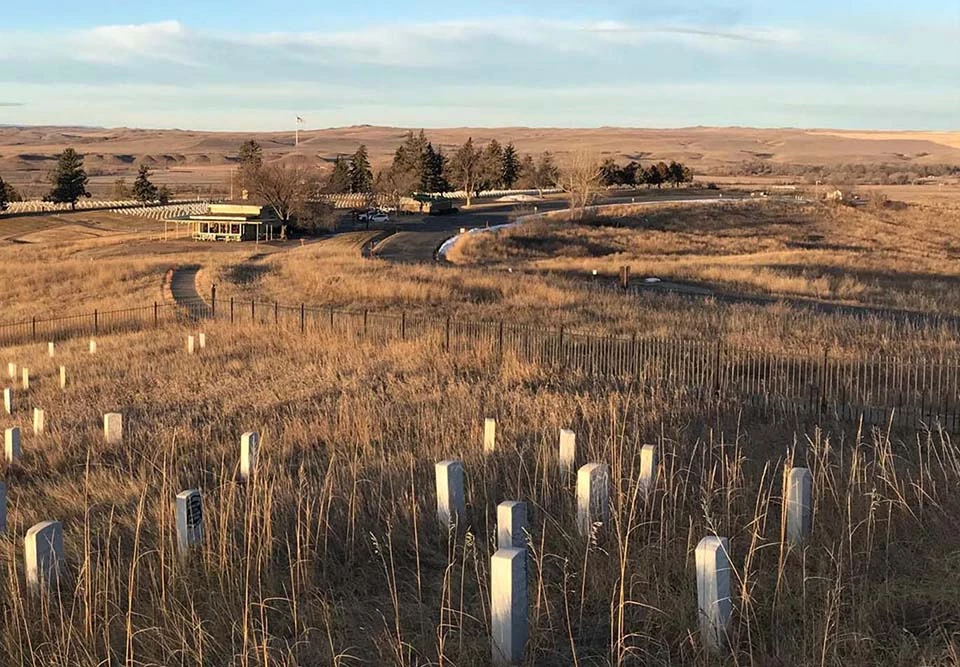 Image of grassy field with marble uniform military headstones dotting the foreground