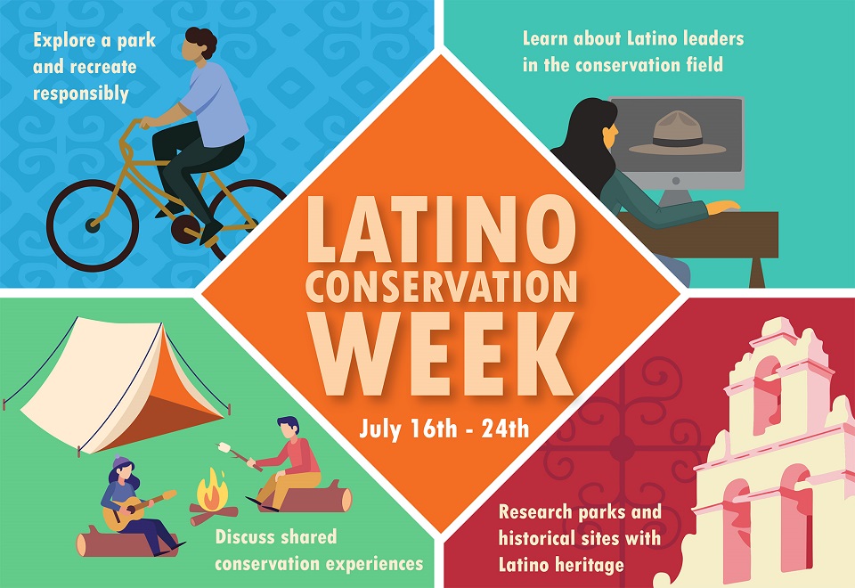 Infographic for ways to celebrate Latino Conservation Week; detailed alt text on the webpage