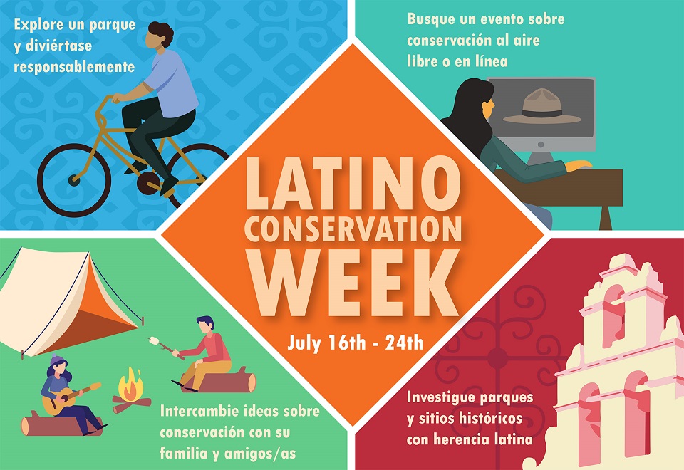 Infographic for ways to celebrate Latino Conservation Week; detailed alt text on the webpage