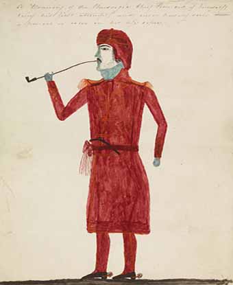 Watercolor self-portrait of Josiah Francis: man in red robe, holding pipe