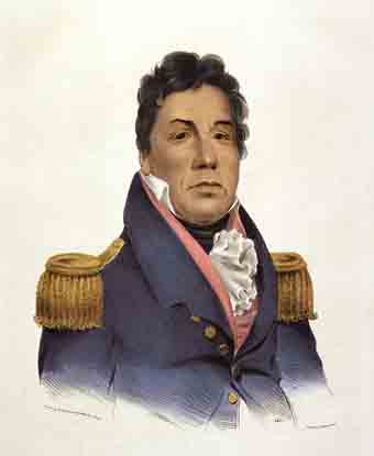 Portrait of Pushmata: man in blue officer's coat with gold epaulets