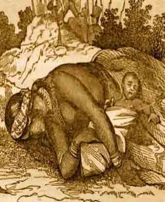 Engraving of a dead Creek woman next to a baby