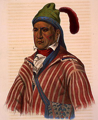 Drawing of Menawa in formal native attire: green hat with feather, striped jacket
