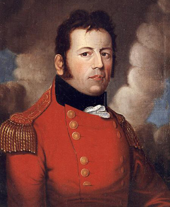 Portrait of Sir George Prévost in red coat surrounded by white clouds
