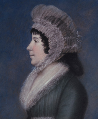 Painting of Dolley Madison in frilled dress and lace bonnet