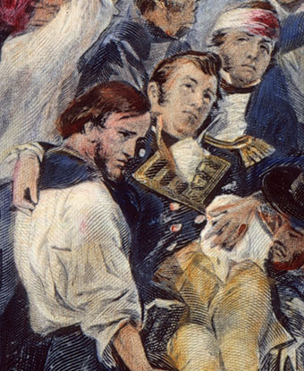 Wounded James Lawrence wearing blue and gold offier's coat carried by injured sailors