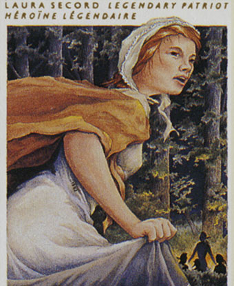 Laura Secord, legendary heroine: Laura in bonnet and cape running