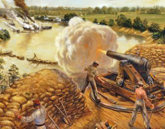 Painting of Confederate troops at Fort Darling firing on Union gunboats in the James River.
