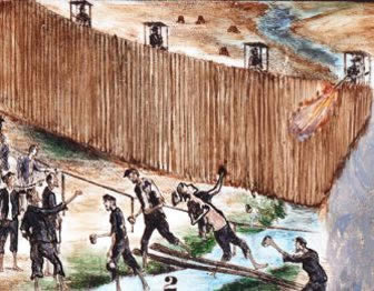 Painting of prisoners and guards at Andersonville prison camp.