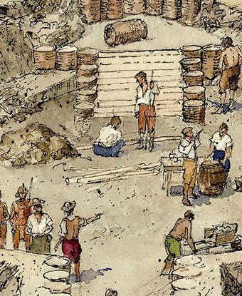 Image of the interior of the earthen fort, showing English and Algonquian persons.