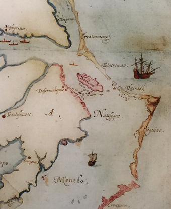 Portion of John White's 1585 map of the Outer Banks, showing Roanoke Island.