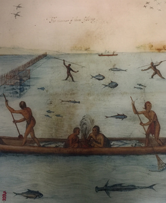Portion of John White's depiction of Algonquian fishing with canoe.