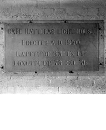 Cape Hatteras Lighthouse plaque, showing date of completion (1870) and coordinates