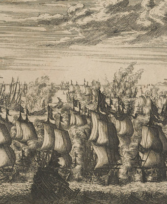 Contemporary illustration of multiple ships in the English channel
