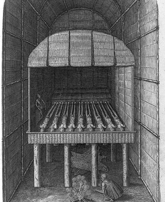 John White image of an Algonquian burial house, 1585