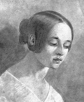 Black and white bust-length pencil drawing of a young woman with dark hair.