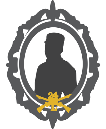 Cameo style silhouette of a soldier with Company L, 24th Infantry crossed guns logo