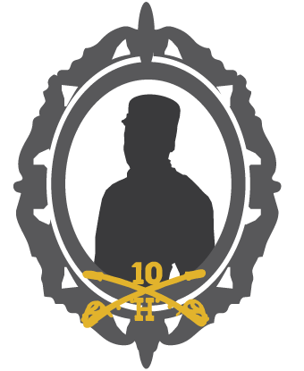 Silhouette of man in round frame with yellow crossed sabers and 10 and H at the bottom.