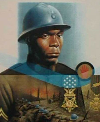 A soldier wearing a blue helmet and brown uniform