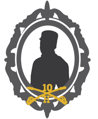 Silhoutte of man in hat, in an oval frame with golden crossed sabers, 10 and H at the bottom.
