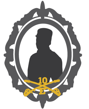 silhouette of man in hat in frame, with golden crossed sabers, 10, and H at the bottom.