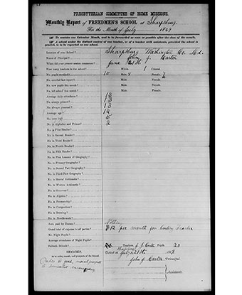 Monthly report of Freedman&#39;s School in Sharpsburg, MD for July 1869