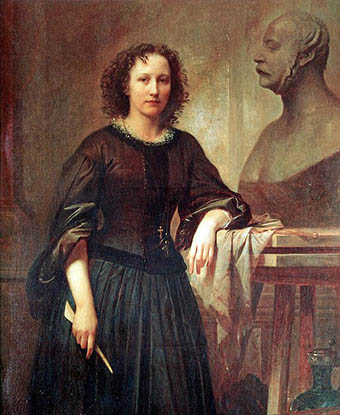 Portrait of Elisabet Ney in front of one of her sculptures