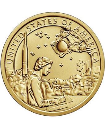 A coin showing a woman writing equations, with a rocket and astronaut in the background.