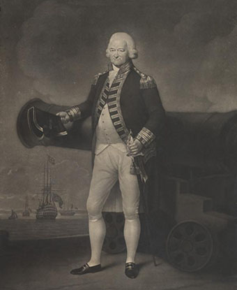 Black and white full body portrait of Sir Peter Parker, posing in front of a cannon. 