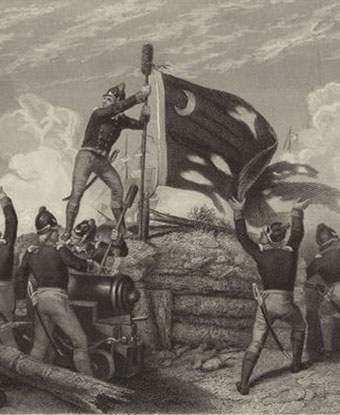 Portrait of Jasper fixing his regiment's flag to an artillery sponge atop the fort