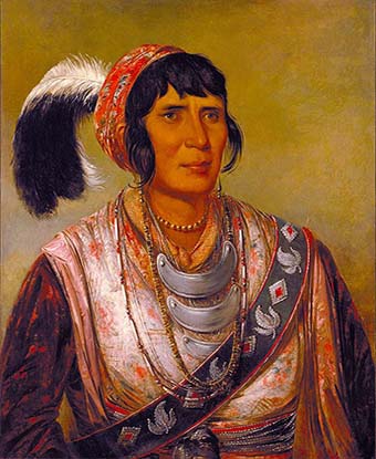 A portrait of Osceola in Seminole attire, wearing gorgets, beaded sash, calicoes, and ostrich plume