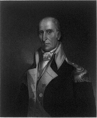 Half length black and white portrait of Andrew Pickens in military uniform